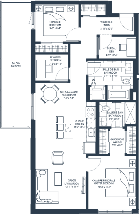 Floor plan for 2 beds, 2 baths, 1102 sqft
